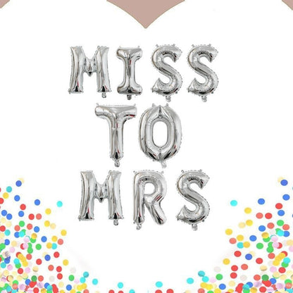 Set Baloane din Folie Metalizata, Klevo, Model Scris Miss to Mrs, Litere de 40 cm, Tema Iubire, Baloane Party, Ambalaj Individual, Pai Inclus, Umflare cu Aer sau Heliu, Argintiu