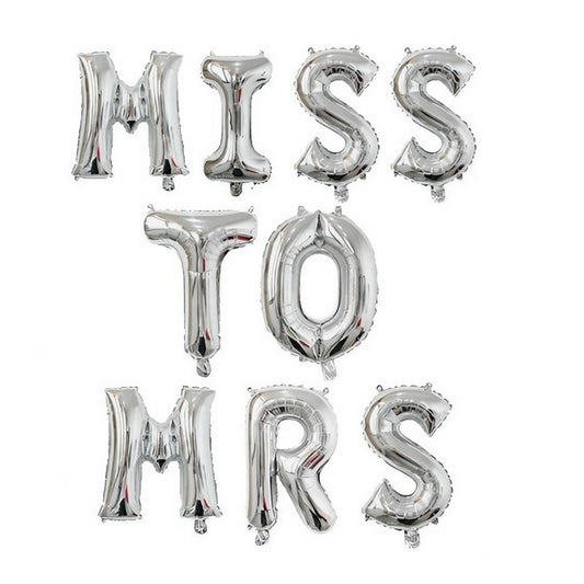 Set Baloane din Folie Metalizata, Klevo, Model Scris Miss to Mrs, Litere de 40 cm, Tema Iubire, Baloane Party, Ambalaj Individual, Pai Inclus, Umflare cu Aer sau Heliu, Argintiu