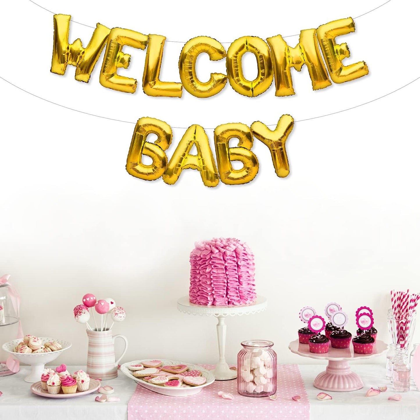 Set Baloane din Folie Metalizata, Klevo, Model Welcome Baby, Litere de 40 cm, Baloane Party, Ambalaj Individual, Pai, Ata si Adeziv Incluse, Umflare cu Aer sau Heliu, Auriu