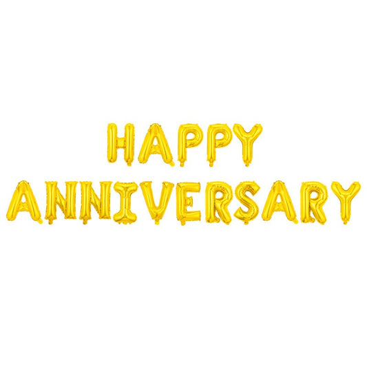 Set Baloane din Folie Metalizata, Klevo, Model Happy Anniversary, Litere de 40 cm, Baloane Party, Ambalaj Individual, Pai Inclus, Umflare cu Aer sau Heliu, Auriu