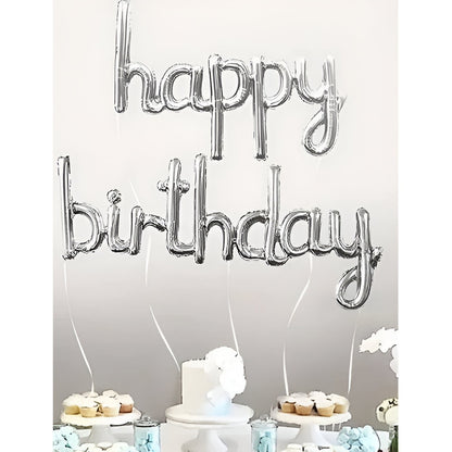 Set Baloane din Folie Metalizată, Klevo, Model Happy Birthday, 45x85 cm, 45x124cm, Baloane Party, Ambalaj Individual, Pai inclus, Umflare cu Aer sau Heliu, Argintiu