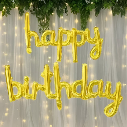 Set Baloane din Folie Metalizată, Klevo, Model Happy Birthday, 45x85 cm, 45x124cm, Baloane Party, Ambalaj Individual, Pai inclus, Umflare cu Aer sau Heliu, Gold