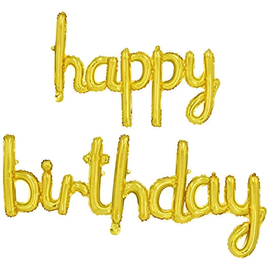 Set Baloane din Folie Metalizată, Klevo, Model Happy Birthday, 45x85 cm, 45x124cm, Baloane Party, Ambalaj Individual, Pai inclus, Umflare cu Aer sau Heliu, Gold