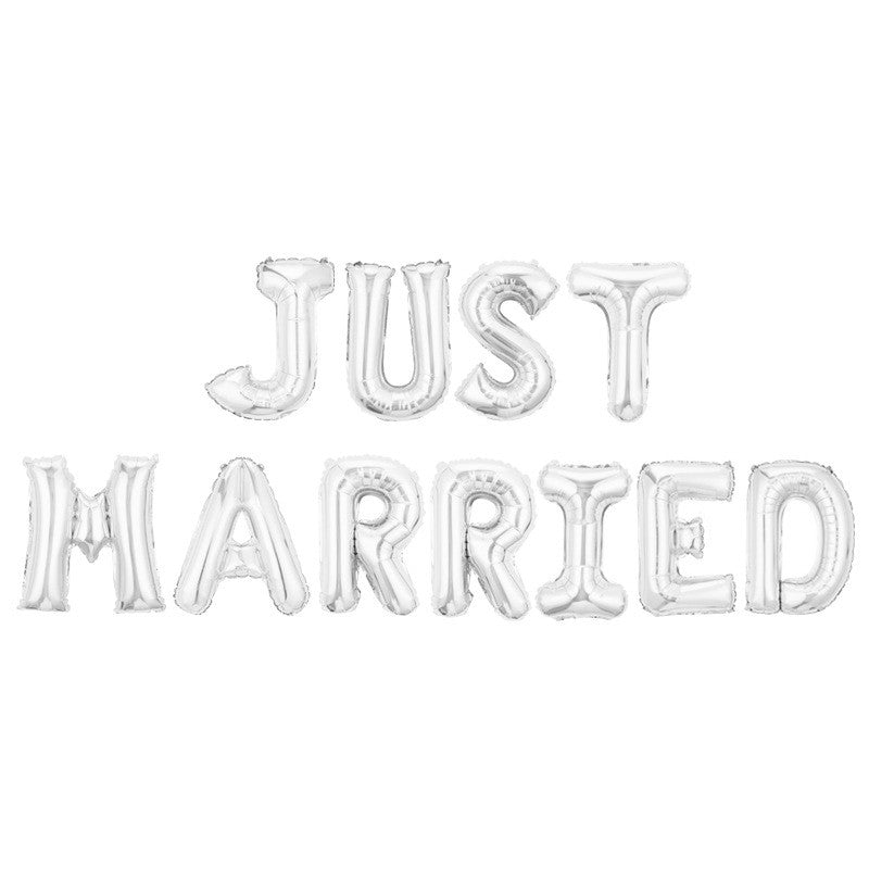 Set Baloane din Folie Metalizata, Klevo, Model Just Married, Litere de 40 cm, Baloane Party, Ambalaj Individual, Pai, Ata si Adeziv Incluse, Umflare cu Aer sau Heliu, Argintiu