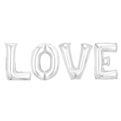 Set 4 Baloane din Folie Metalizata, Klevo, Figurine Litere, Model Scris Love, Tema Iubire, 80 cm, Ambalaj Individual, Pai Inclus, Umflare cu Aer sau Heliu, Argintiu