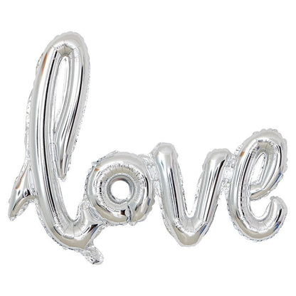 Set Baloane din Folie Metalizata, Model Love Scris de Mana, 102x65 cm, Baloane Ziua Indragostitilor, Ambalaj Individual, Pai inclus, Umflare cu Aer sau Heliu, Argintiu