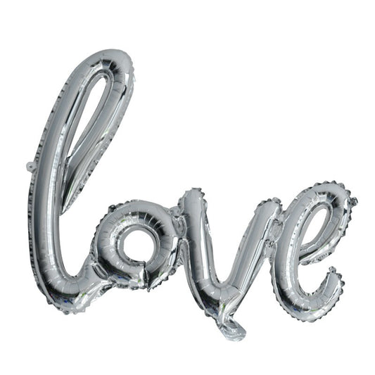 Set Baloane din Folie Metalizata, Model Love Scris de Mana, 102x65 cm, Baloane Ziua Indragostitilor, Ambalaj Individual, Pai inclus, Umflare cu Aer sau Heliu, Argintiu