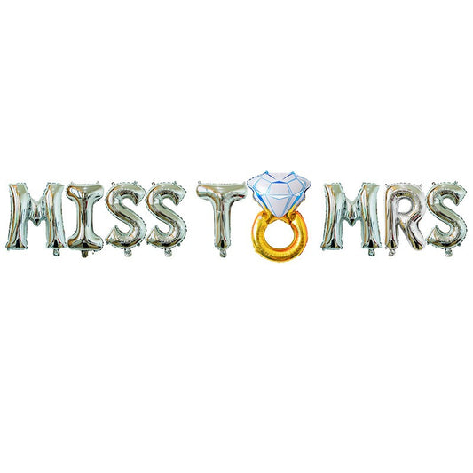 Set Baloane din Folie Metalizata, Klevo, Model Miss to Mrs cu Inel de Logodna, Litere de 40 cm, Tema Iubire, Baloane Party, Ambalaj Individual, Pai Inclus, Umflare cu Aer sau Heliu, Argintiu