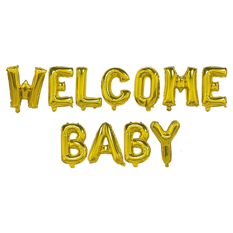 Set Baloane din Folie Metalizata, Klevo, Model Welcome Baby, Litere de 40 cm, Baloane Party, Ambalaj Individual, Pai, Ata si Adeziv Incluse, Umflare cu Aer sau Heliu, Auriu