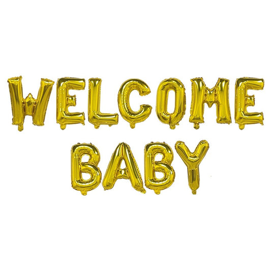 Set Baloane din Folie Metalizata, Klevo, Model Welcome Baby, Litere de 40 cm, Baloane Party, Ambalaj Individual, Pai, Ata si Adeziv Incluse, Umflare cu Aer sau Heliu, Auriu