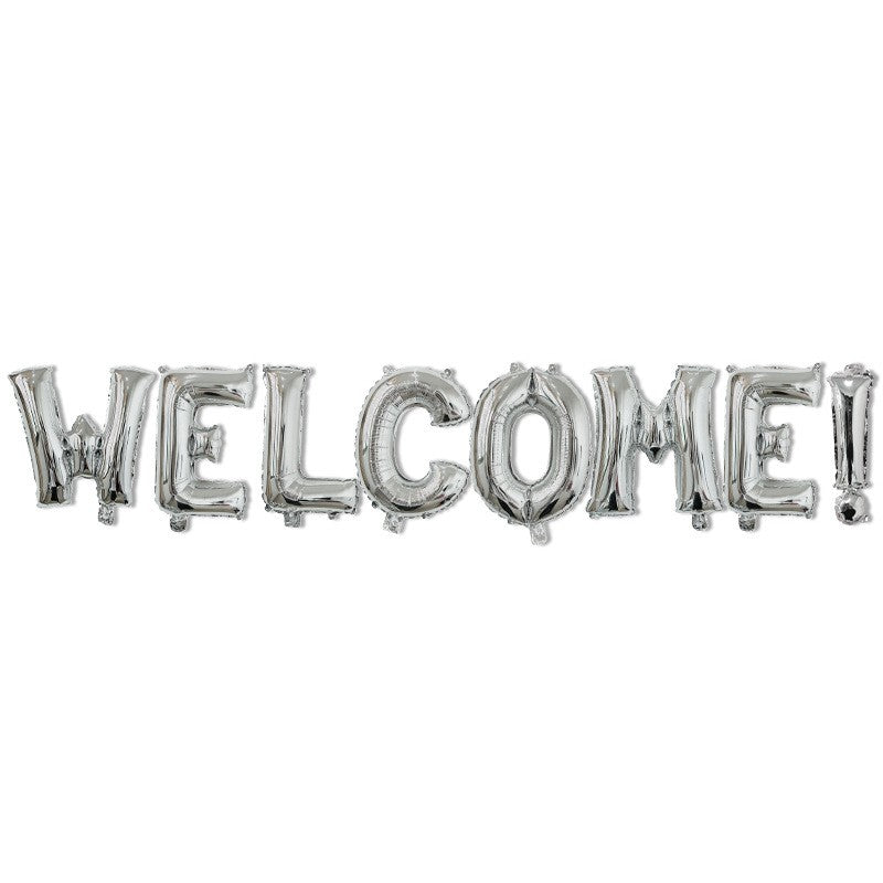 Set Baloane din Folie Metalizata, Klevo, Model WELCOME!, Litere de 40 cm, Baloane Party, Ambalaj Individual, Pai Inclus, Umflare cu Aer sau Heliu, Argintiu