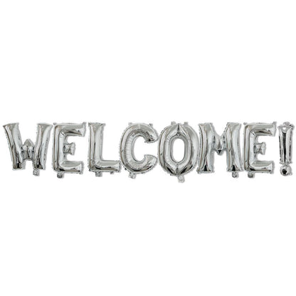 Set Baloane din Folie Metalizata, Klevo, Model WELCOME!, Litere de 40 cm, Baloane Party, Ambalaj Individual, Pai Inclus, Umflare cu Aer sau Heliu, Argintiu