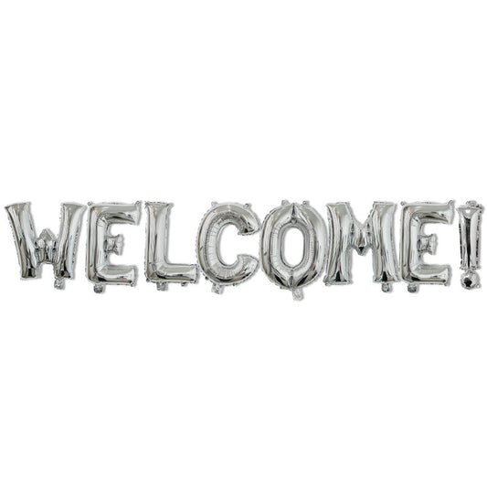 Set Baloane din Folie Metalizata, Klevo, Model WELCOME!, Litere de 40 cm, Baloane Party, Ambalaj Individual, Pai Inclus, Umflare cu Aer sau Heliu, Argintiu