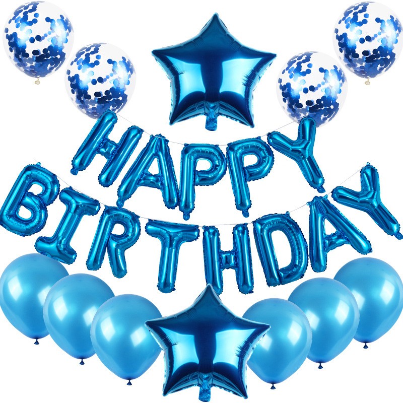Set baloane din folie metalizata si baloane din latex, baloane HAPPY BIRTHDAY, 4 baloane latex Confetti, 6 baloane latex Roz, 2 baloane folie Steluta, 40cm, Albastru
