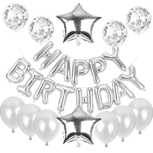 Set baloane din folie metalizata si baloane din latex, baloane HAPPY BIRTHDAY, 4 baloane latex Confetti, 6 baloane latex Roz, 2 baloane folie Steluta, 40cm, Argintiu