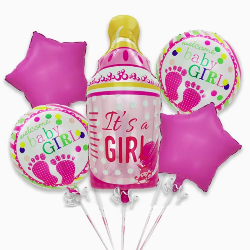 Baloane decorative GENDER REVEAL PARTY, Klevo, Figurina Sticluta, Model IT'S A GIRL, Set din 5 baloane, 40 x 77 cm, pentru Botez, Roz