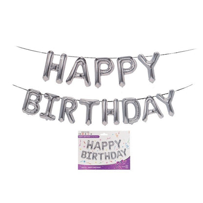 Set 13 Baloane Folie, Klevo, Tip Ghirlanda, Model Happy Birthday, 40 cm, Argintiu