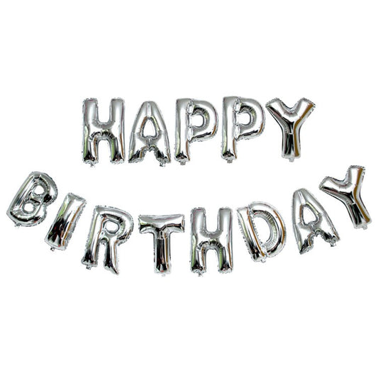 Set 13 Baloane Folie, Klevo, Tip Ghirlanda, Model Happy Birthday, 40 cm, Argintiu