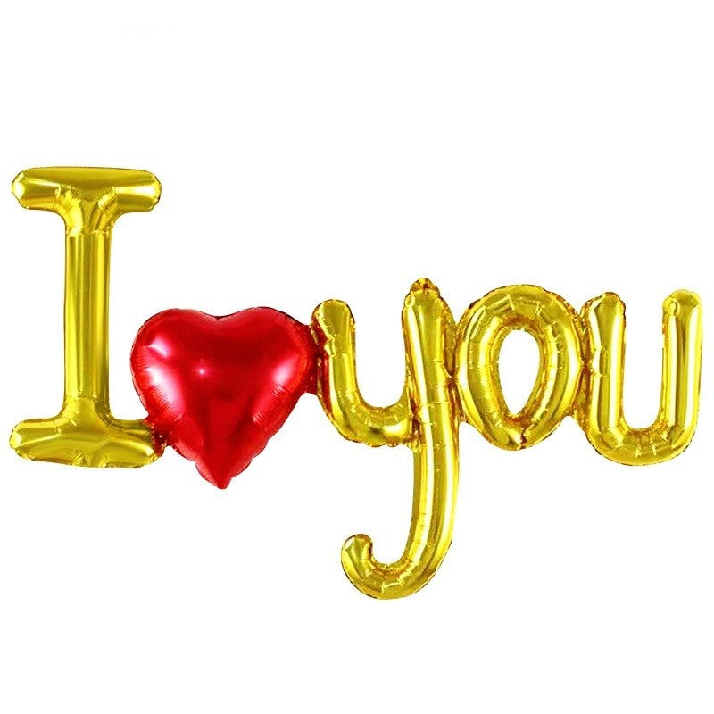 Set Baloane Folie Metalizata, Klevo, Model I LOVE YOU cu Inimioara, 54x97 cm, Tematica Ziua Îndrăgostiților, Ambalaj Individual, Pai Inclus, Umflare cu Aer sau Heliu, Auriu
