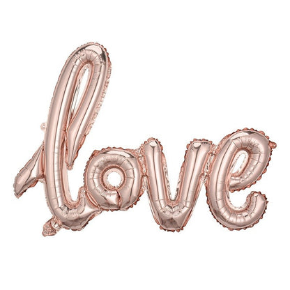 Balon din Folie Metalizata, Klevo, Model Love scris de mana, 102x65 cm, Tematica Ziua Îndrăgostiților, Ambalaj Individual, Pai Inclus, Umflare cu Aer sau Heliu, Rose Gold