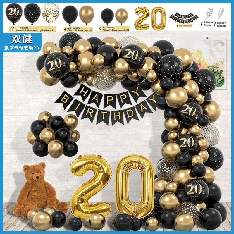 Set Baloane Folie si Latex, Klevo, Tematica Aniversare, Baloane Latex, Figurine Cifrele 2 si 0, Ambalaj Individual, Pai Inclus, Umflare cu Aer sau Heliu, Auriu Negru