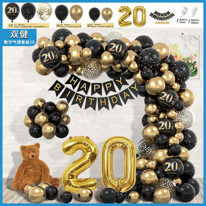 Set Baloane Folie si Latex, Klevo, Tematica Aniversare, Baloane Latex, Figurine Cifrele 2 si 0, Ambalaj Individual, Pai Inclus, Umflare cu Aer sau Heliu, Auriu Negru