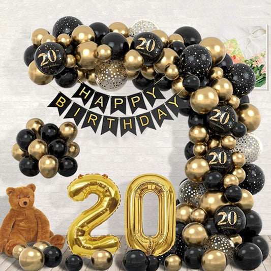 Set Baloane Folie si Latex, Klevo, Tematica Aniversare, Baloane Latex, Figurine Cifrele 2 si 0, Ambalaj Individual, Pai Inclus, Umflare cu Aer sau Heliu, Auriu Negru