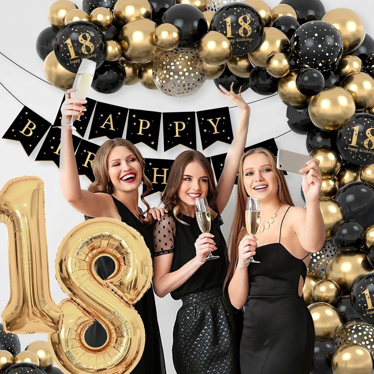 Set Baloane Folie si Latex, Klevo, Tematica Aniversare Majorat, Baloane Latex, Figurine Cifrele 1 si 8, Ambalaj Individual, Pai Inclus, Umflare cu Aer sau Heliu, Auriu Negru