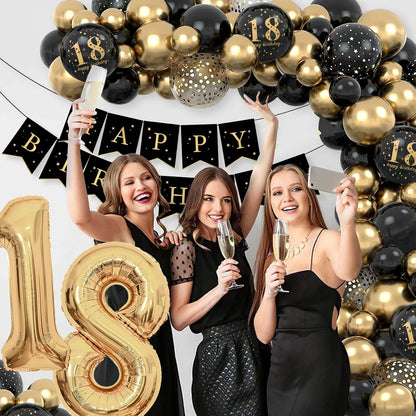 Set Baloane Folie si Latex, Klevo, Tematica Aniversare Majorat, Baloane Latex, Figurine Cifrele 1 si 8, Ambalaj Individual, Pai Inclus, Umflare cu Aer sau Heliu, Auriu Negru