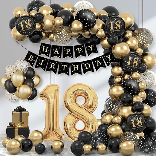Set Baloane Folie si Latex, Klevo, Tematica Aniversare Majorat, Baloane Latex, Figurine Cifrele 1 si 8, Ambalaj Individual, Pai Inclus, Umflare cu Aer sau Heliu, Auriu Negru