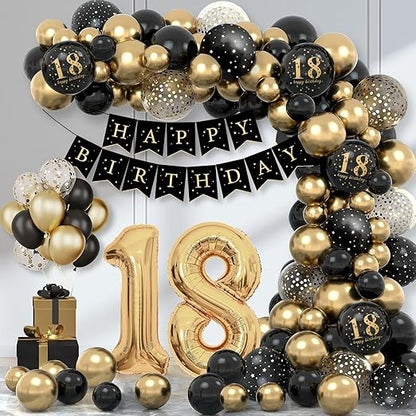 Set Baloane Folie si Latex, Klevo, Tematica Aniversare Majorat, Baloane Latex, Figurine Cifrele 1 si 8, Ambalaj Individual, Pai Inclus, Umflare cu Aer sau Heliu, Auriu Negru