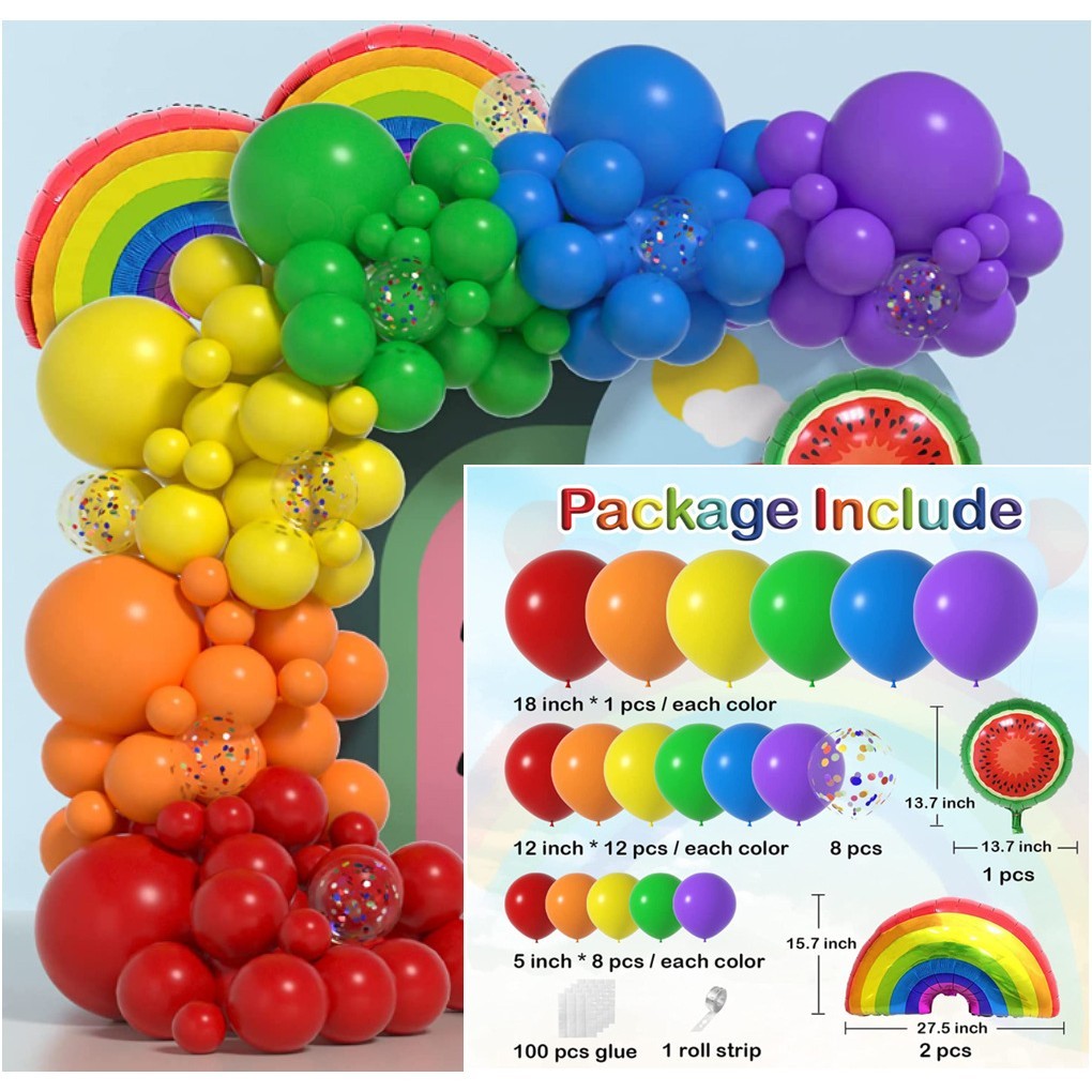 Baloane decorative pentru PETRECERE, Klevo, Arcada Set MIX din 107 baloane, pentru Evenimente, Aniversari, Model Curcubeu, Rainbow, Multicolor