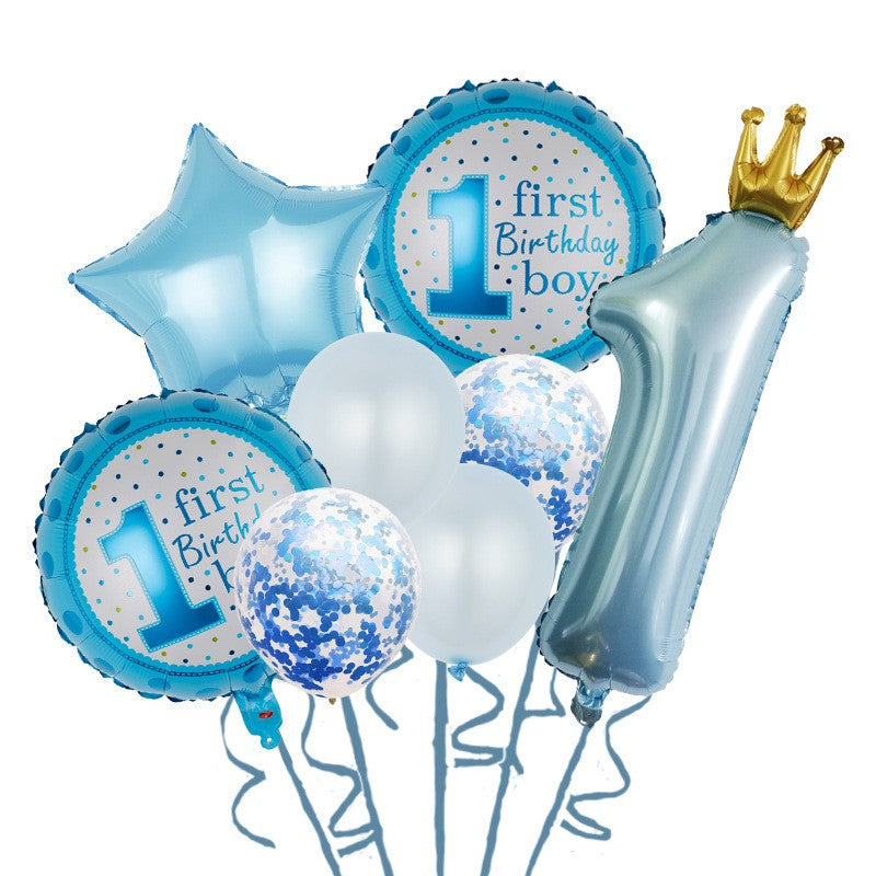 Set 8 Baloane din Folie Metalizată si din Latex, Klevo, Figurine Cifra 1 Printesa 91cm, Stea 45 cm si Cerc 55 cm, Baloane Latex 30 cm, Tema Prima