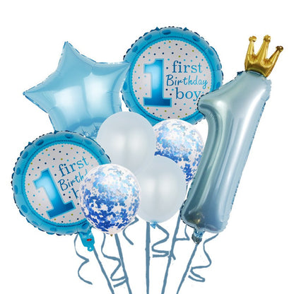 Set 8 Baloane din Folie Metalizată si din Latex, Klevo, Figurine Cifra 1 Printesa 91cm, Stea 45 cm si Cerc 55 cm, Baloane Latex 30 cm, Tema Prima