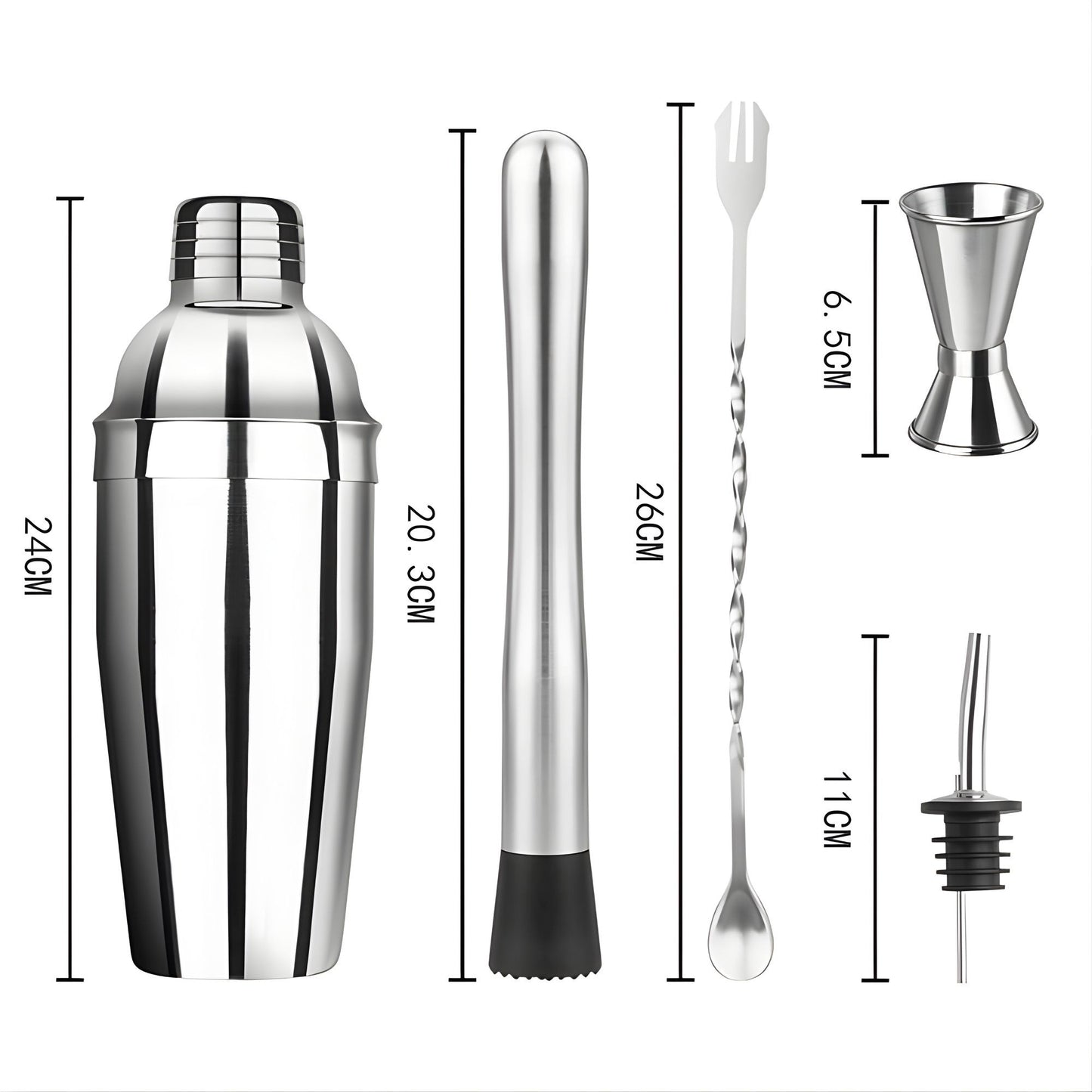 Set Barman Preparare Cocktail,Klevo, 6 Piese, Inox, Argintiu, Kit Accesorii Bar si Mixologie: Shaker750ml, Masura dubla, Pistil, Lingura barman, 2 Picuratoare