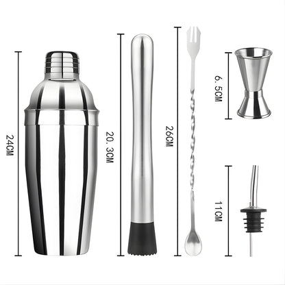 Set Barman Preparare Cocktail,Klevo, 6 Piese, Inox, Argintiu, Kit Accesorii Bar si Mixologie: Shaker750ml, Masura dubla, Pistil, Lingura barman, 2 Picuratoare