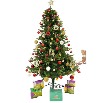 Set brad artificial de Craciun si elemente decorative, decorat cu conuri pin rosii, inaltime 210 cm, diametru 137 cm, 1172 ramuri, Klevo, verde, suport metalic inclus