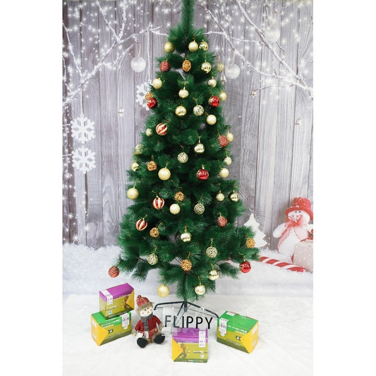 Set brad artificial de Craciun si elemente decorative tip pin, inaltime 210 cm, diametru 115 cm, 350 ramuri cu ace 3D 12 cm, Klevo, verde, suport metalic inclus