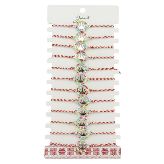 Bratara Martisor pentru Dama, Jolie, Model Coroana, Set 12 bucati, Pandativ Argintiu din Inox cu Elemente Multicolore, Snur Alb/Rosu