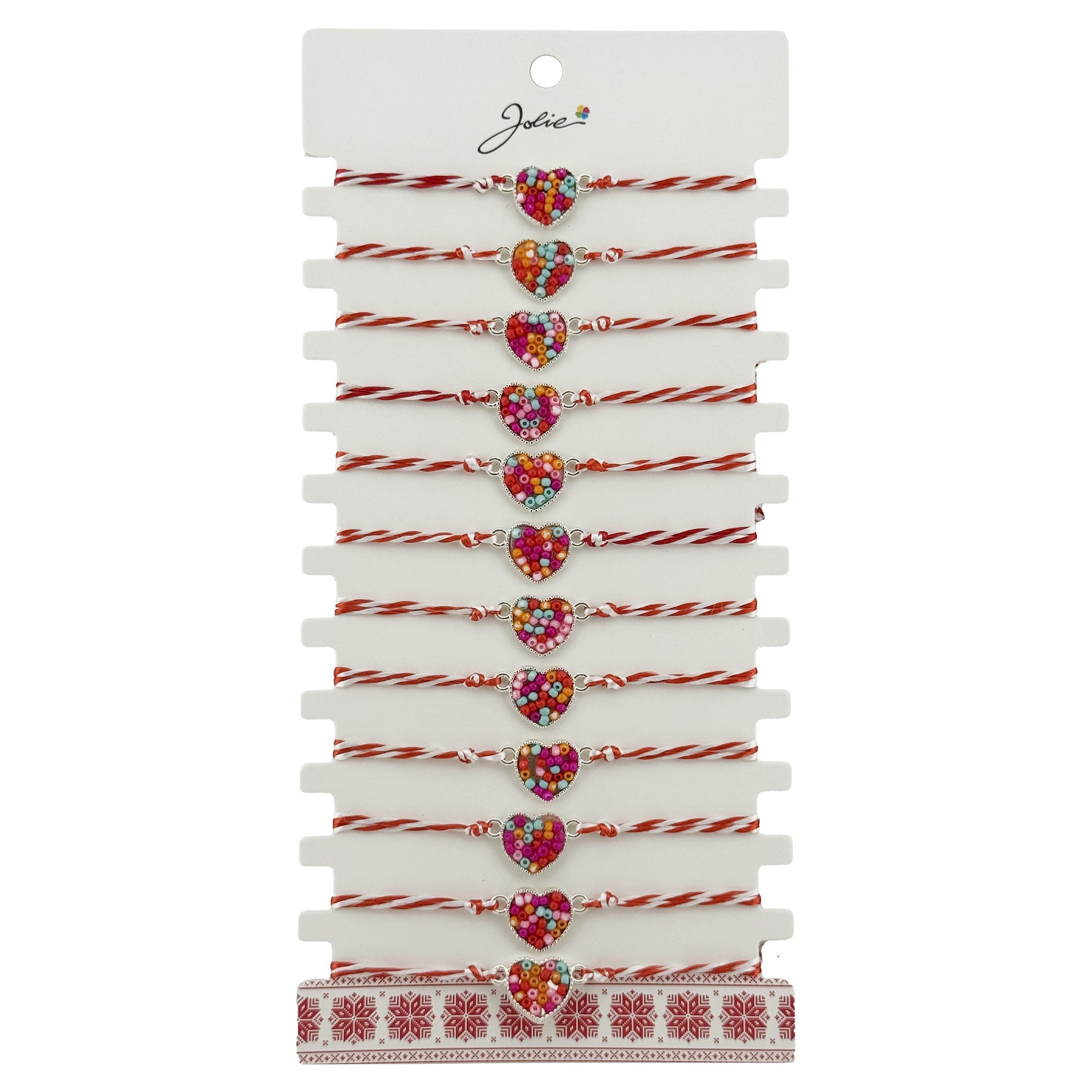 Bratara Martisor pentru Dama, Jolie, Model Inima Colorata, Set 12 bucati, Pandativ Argintiu din Inox cu Elemente Multicolore, Snur Alb/Rosu