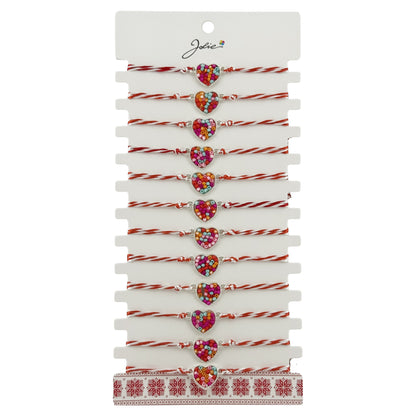 Bratara Martisor pentru Dama, Jolie, Model Inima Colorata, Set 12 bucati, Pandativ Argintiu din Inox cu Elemente Multicolore, Snur Alb/Rosu