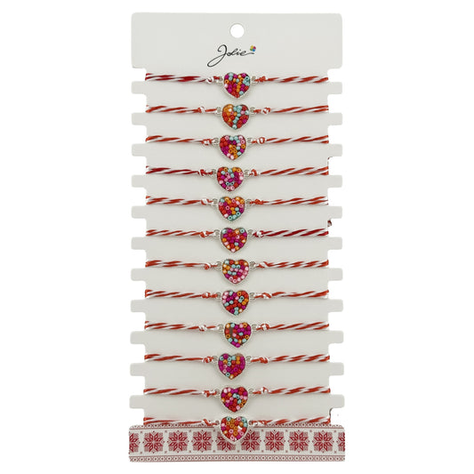 Bratara Martisor pentru Dama, Jolie, Model Inima Colorata, Set 12 bucati, Pandativ Argintiu din Inox cu Elemente Multicolore, Snur Alb/Rosu