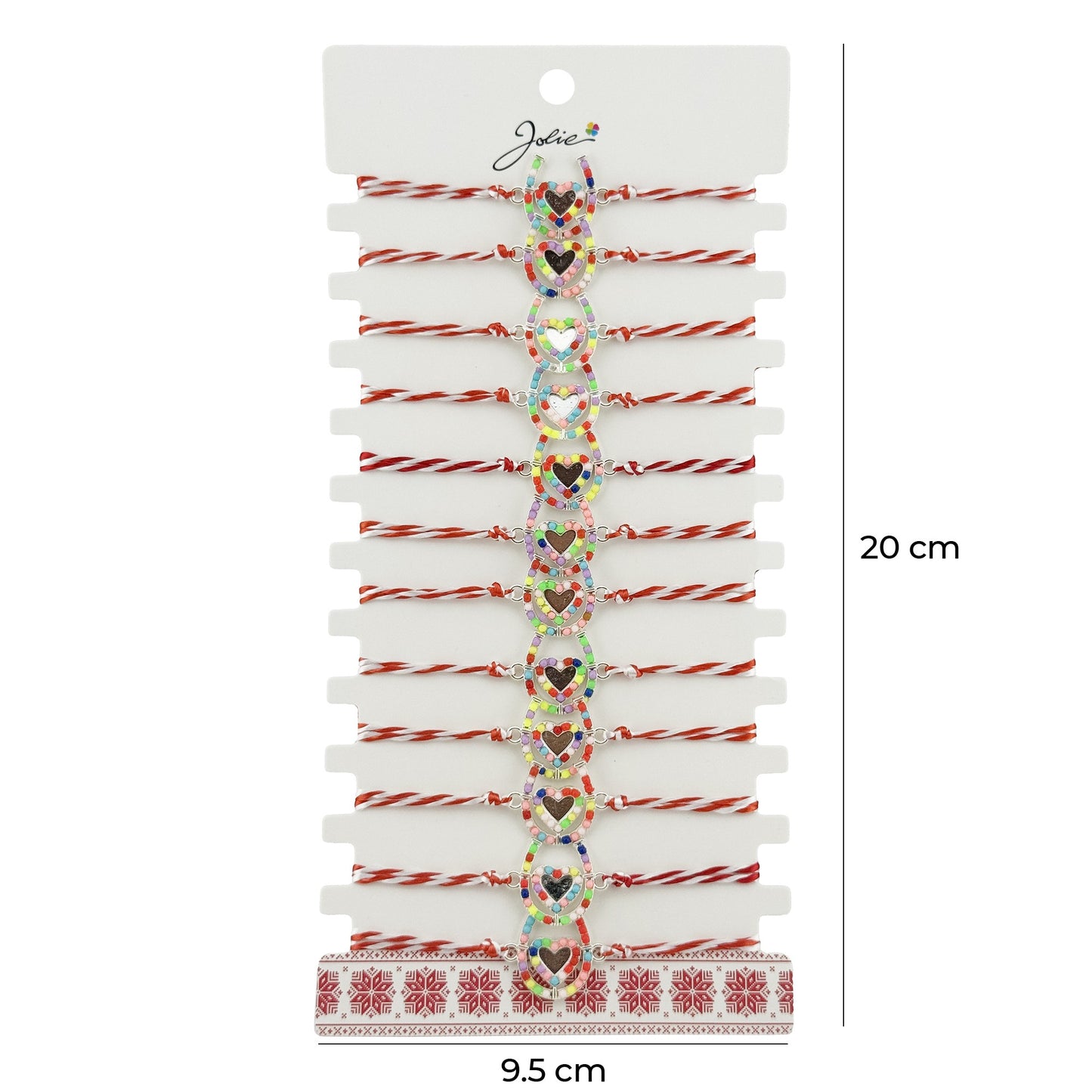 Bratara Martisor pentru Dama, Jolie, Model Potcoava Multicolora, Set 12 bucati, Pandativ Argintiu din Inox cu Elemente Multicolore, Snur Alb/Rosu