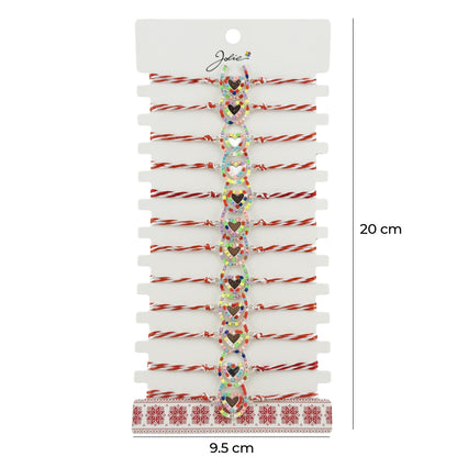 Bratara Martisor pentru Dama, Jolie, Model Potcoava Multicolora, Set 12 bucati, Pandativ Argintiu din Inox cu Elemente Multicolore, Snur Alb/Rosu