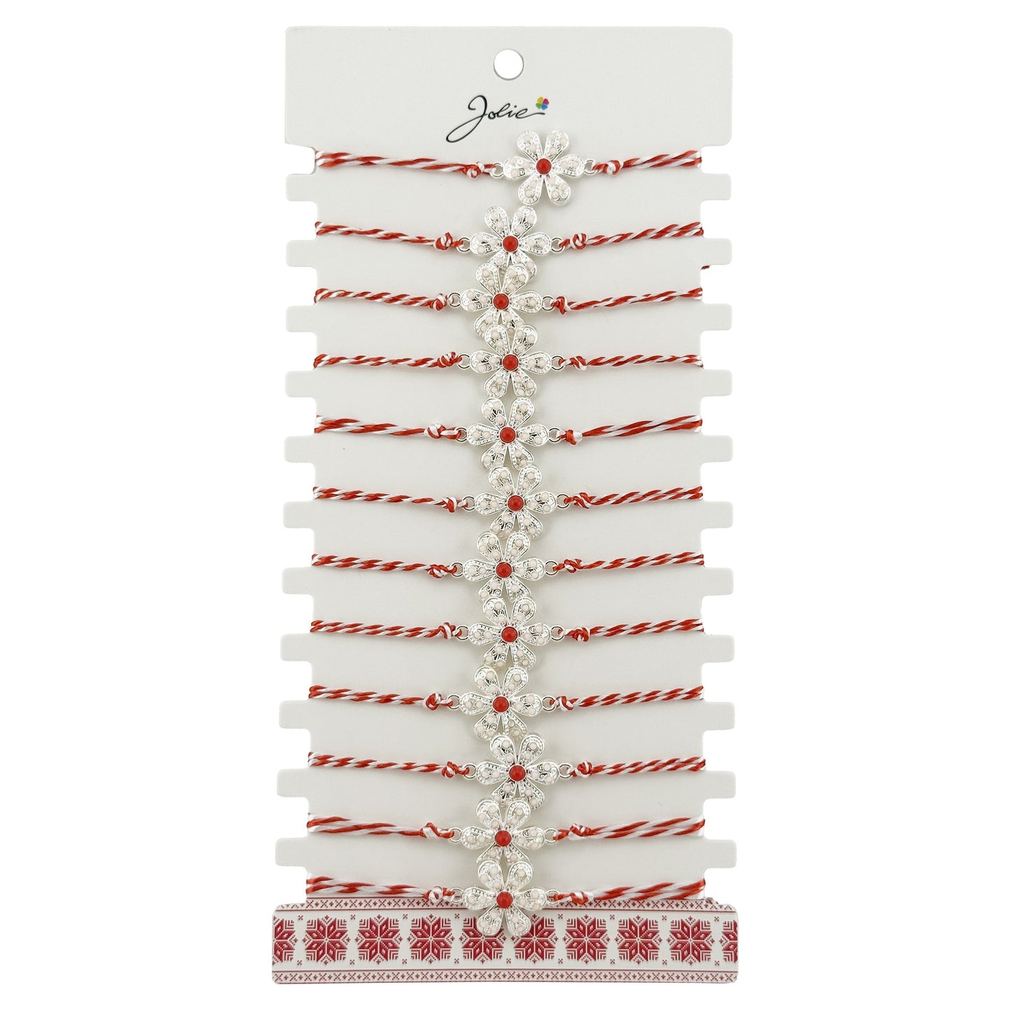Bratara Martisor pentru Dama, Jolie, Model Floare Argintie, Set 12 bucati, Pandativ Argintiu din Inox cu Elemente Multicolore, Snur Alb/Rosu