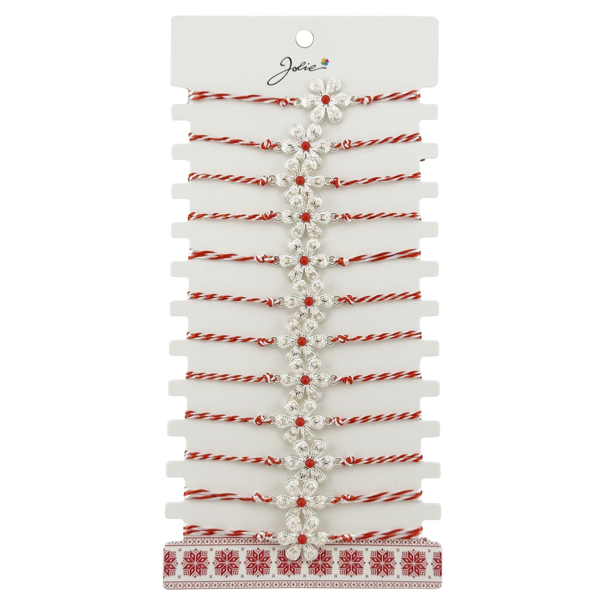 Bratara Martisor pentru Dama, Jolie, Model Floare Argintie, Set 12 bucati, Pandativ Argintiu din Inox cu Elemente Multicolore, Snur Alb/Rosu