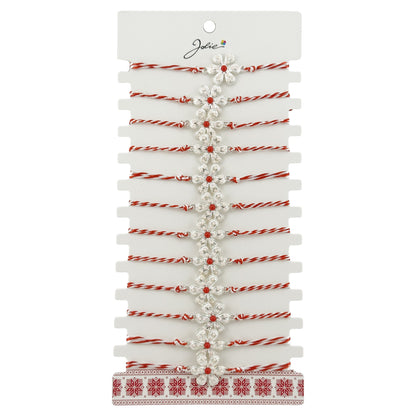 Bratara Martisor pentru Dama, Jolie, Model Floare Argintie, Set 12 bucati, Pandativ Argintiu din Inox cu Elemente Multicolore, Snur Alb/Rosu