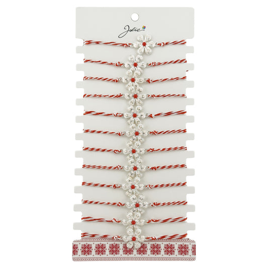 Bratara Martisor pentru Dama, Jolie, Model Floare Argintie, Set 12 bucati, Pandativ Argintiu din Inox cu Elemente Multicolore, Snur Alb/Rosu