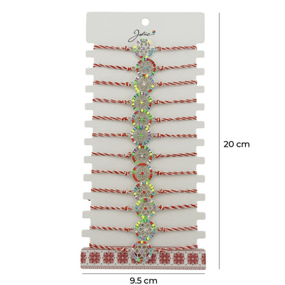 Bratara Martisor pentru Dama, Jolie, Model Floaricica in Cerc, Set 12 bucati, Pandativ Argintiu din Inox cu Elemente Multicolore, Snur Alb/Rosu