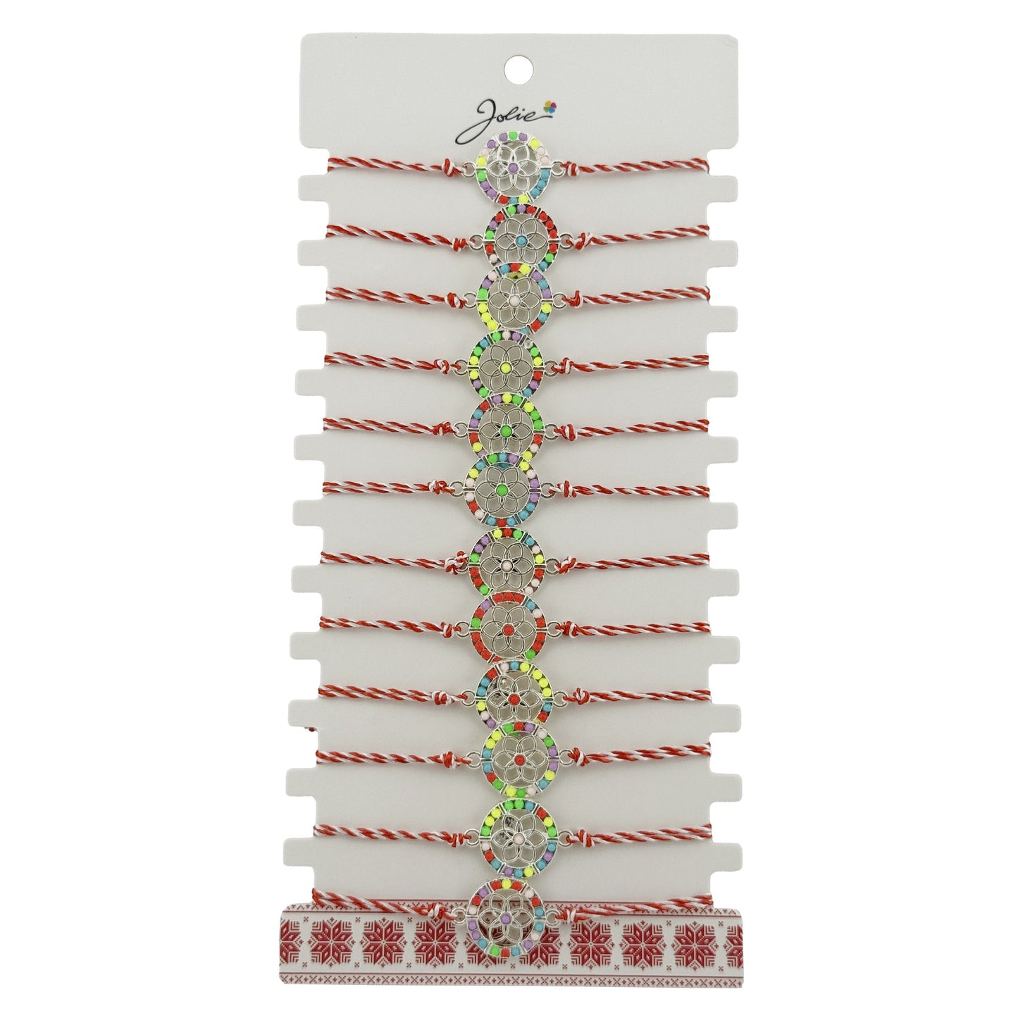 Bratara Martisor pentru Dama, Jolie, Model Floaricica in Cerc, Set 12 bucati, Pandativ Argintiu din Inox cu Elemente Multicolore, Snur Alb/Rosu
